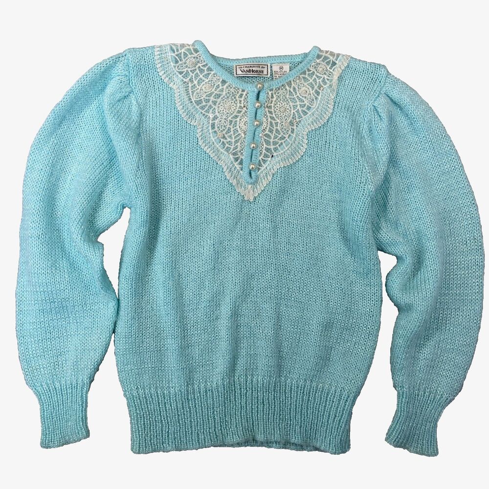 VTG Cyan Blue Sweater Sz M Lace Pearl Buttons Soft Girl Coquette Preppy Puff